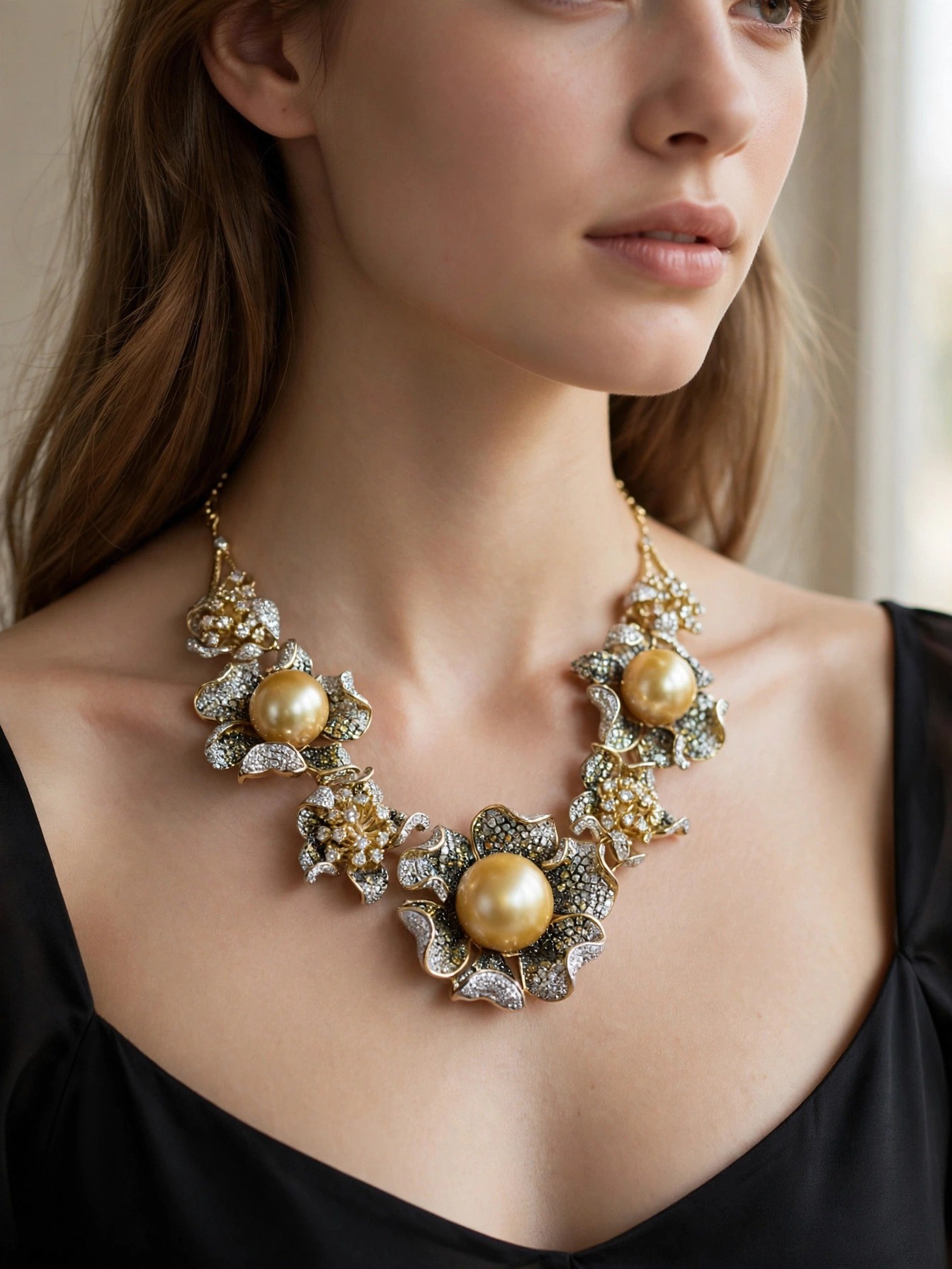 Colar Flores em Ouro 18k com Diamante e Pérola