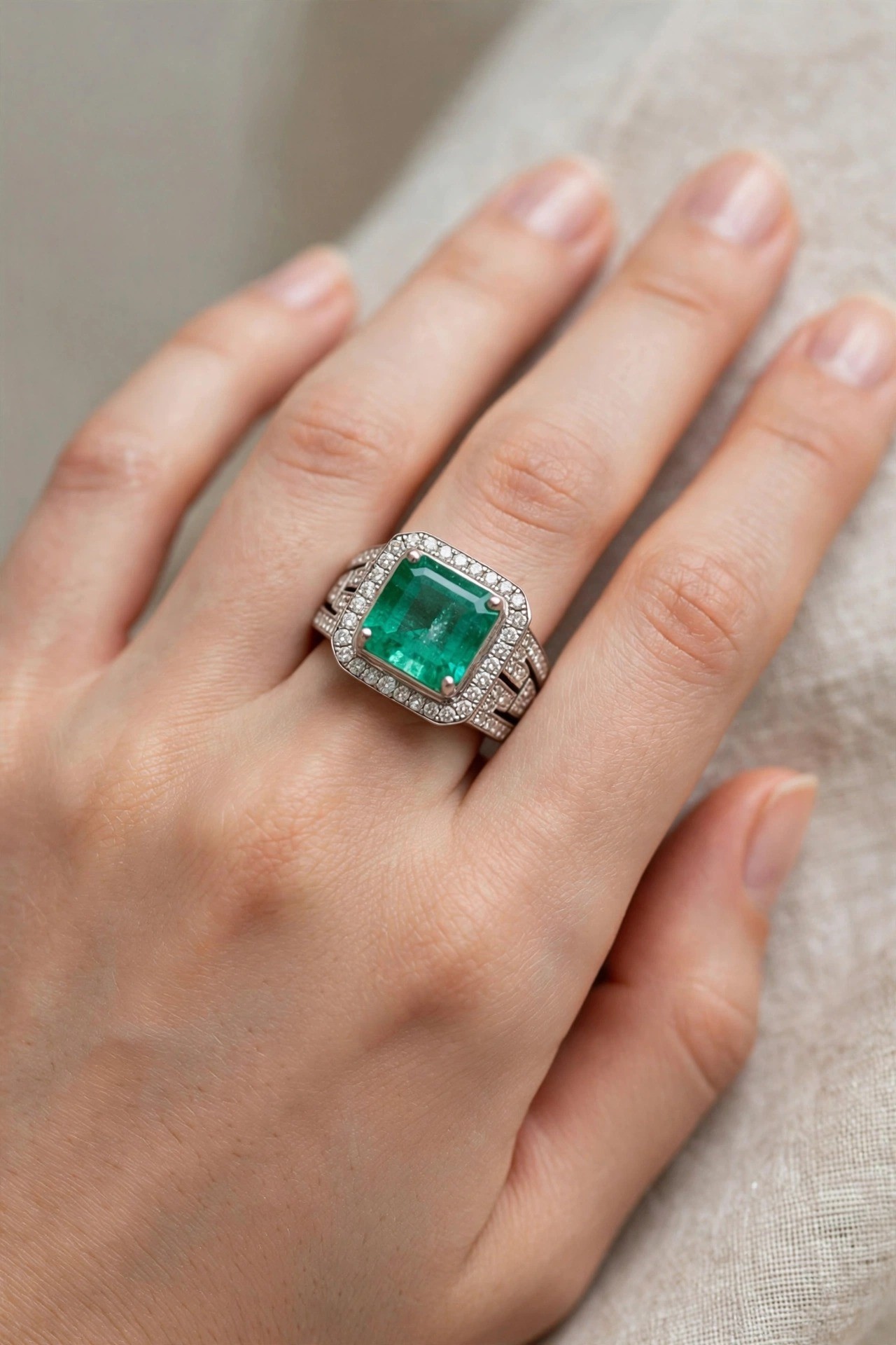 Anel em Ouro Branco 18k com Esmeralda